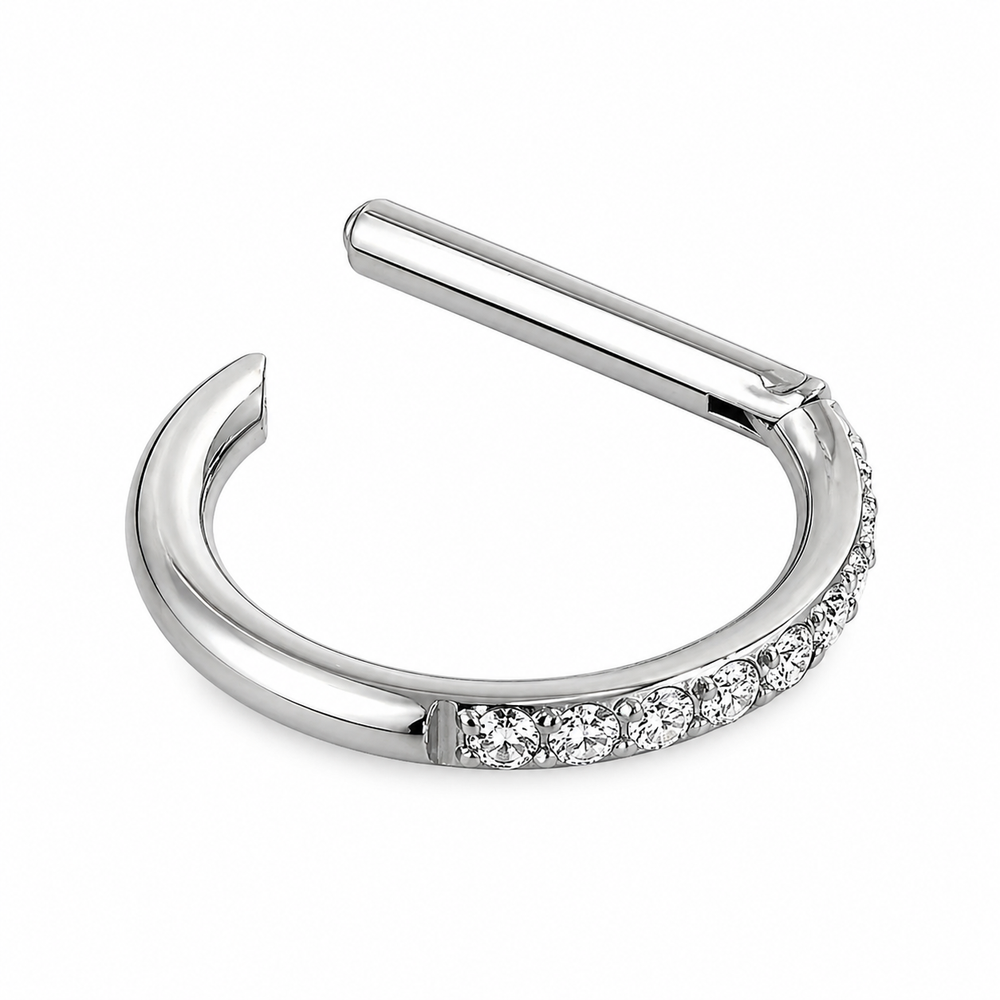 TYTANOWY KOLCZYK CLICKER D-RING Z CYRKONIAMI DO PIERCINGU – SREBRNY