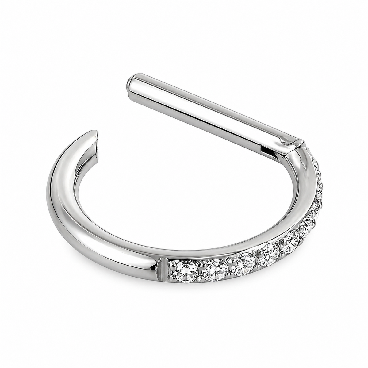 TYTANOWY KOLCZYK CLICKER D-RING Z CYRKONIAMI DO PIERCINGU – SREBRNY
