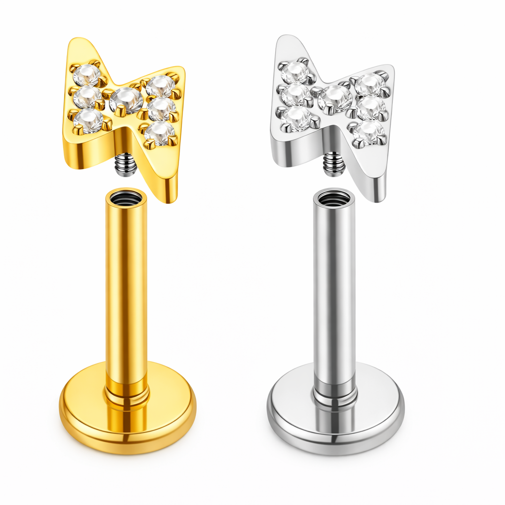 Kolczyk labret do piercingu ucha z cyrkoniami – błyskawica srebrny