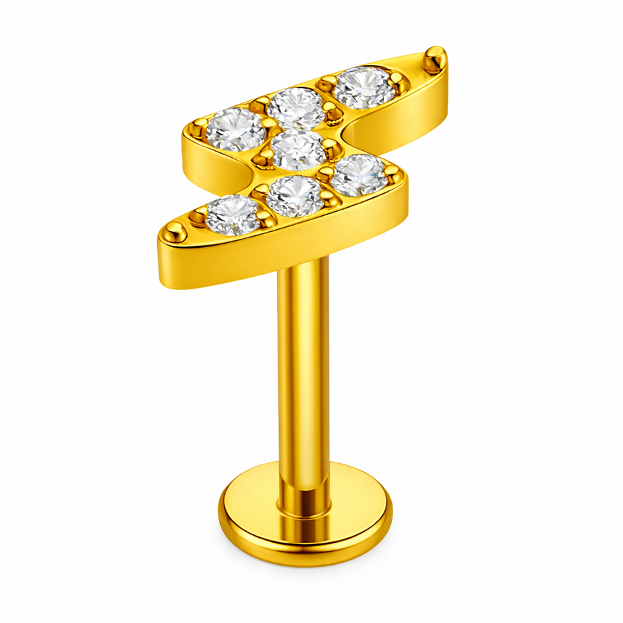 Kolczyk labret do piercingu ucha z cyrkoniami – błyskawica złoty