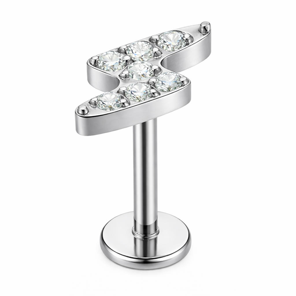 Kolczyk labret do piercingu ucha z cyrkoniami – błyskawica srebrny