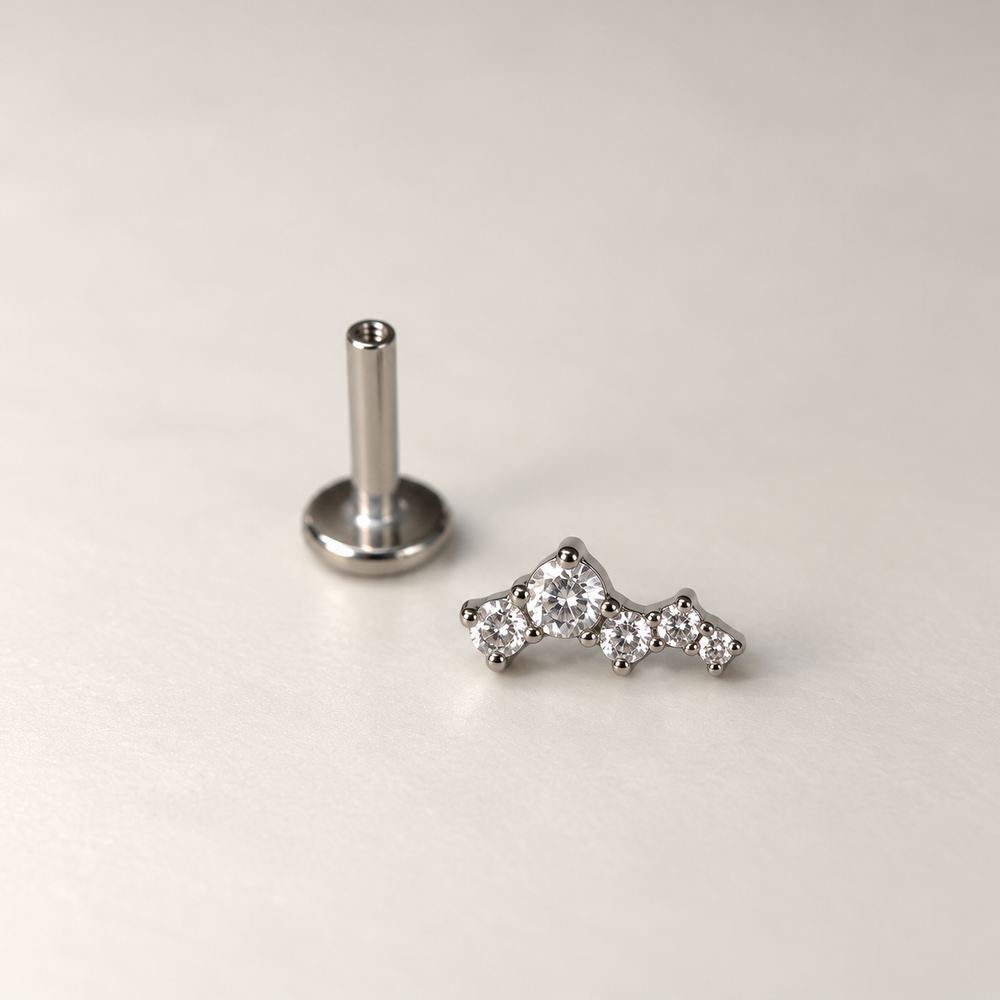 Tytanowy labret Cluster do piercingu ucha z białymi cyrkoniami, srebrny