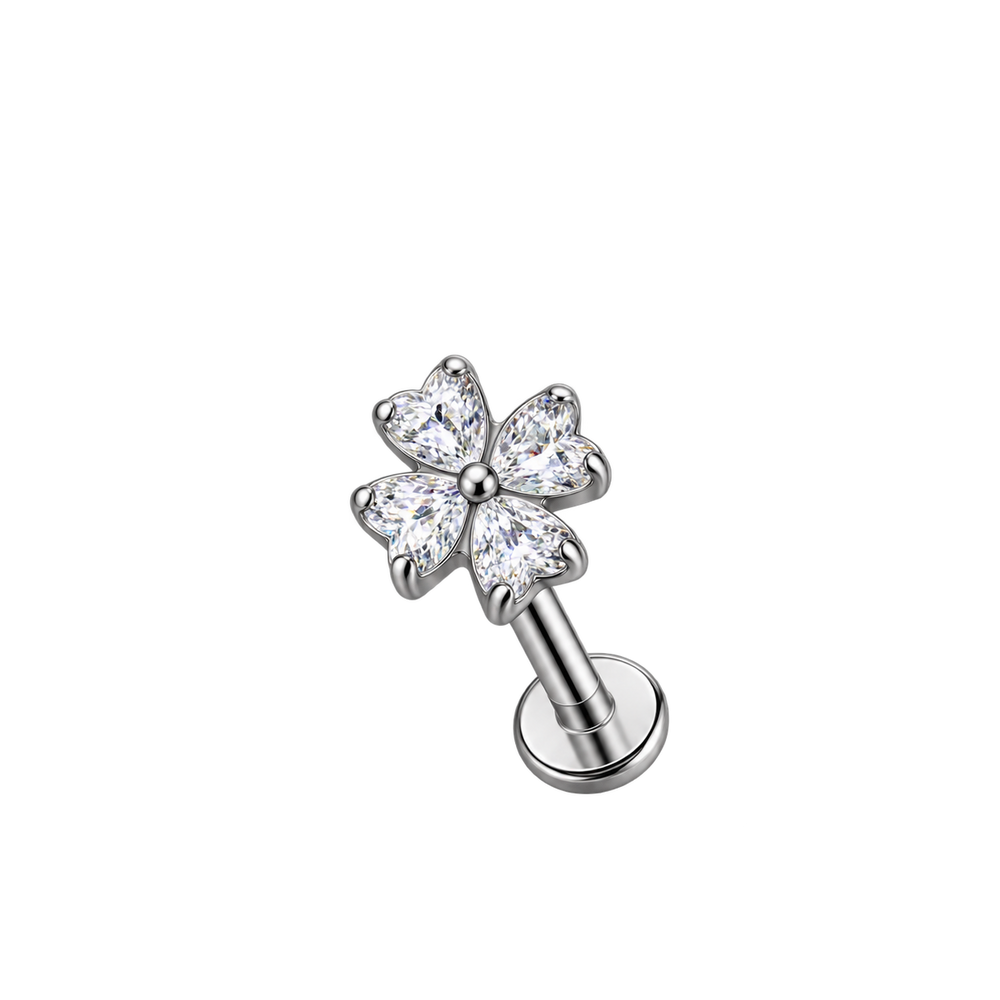 Labret  do piercinga  ucha - kwiat z cyrkoniami srebrny