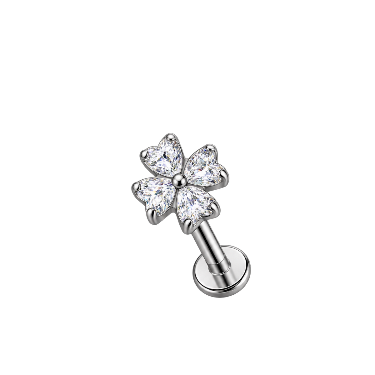 Labret  do piercinga  ucha - kwiat z cyrkoniami srebrny