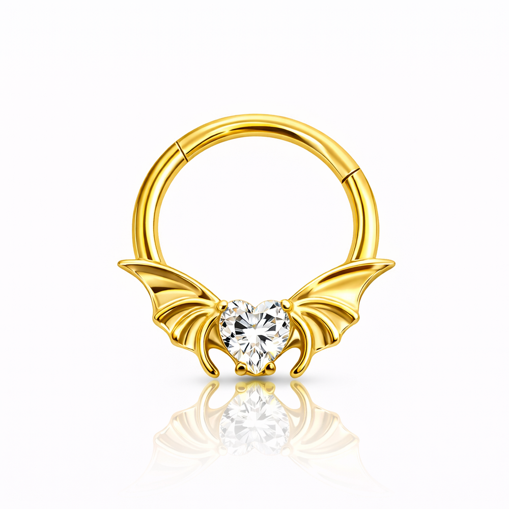 KOLCZYK DO PIERCINGU CLICKER Z CYRKONIĄ SERCE ZE SKRZYDŁAMI – TYTAN ZŁOTY