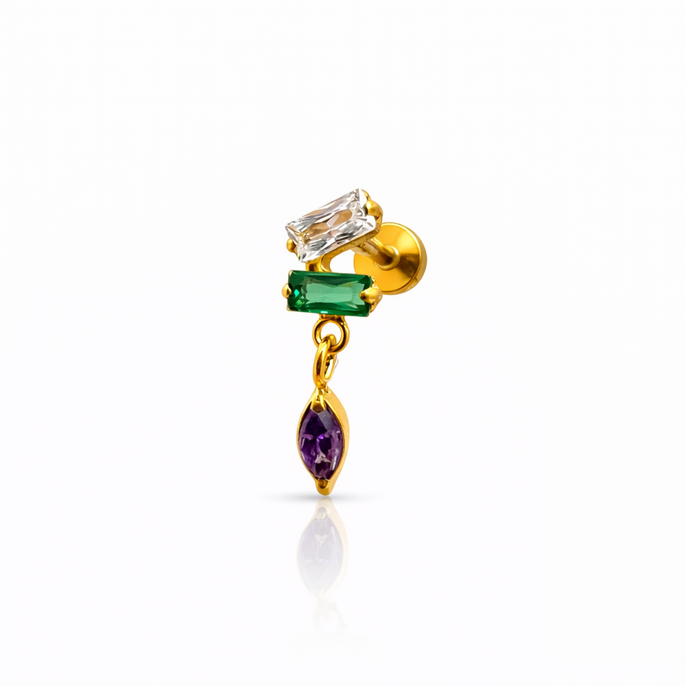 LABRET TYTANOWY Z KOLOROWYMI CYRKONIAMI I ZAWIESZKĄ – KOLCZYK DO PIERCINGU ZŁOTY