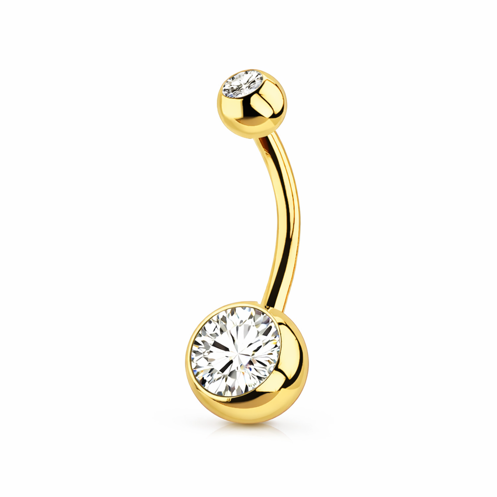 Tytanowy kolczyk do piercingu pępka banan z  białą cyrkonią - złoty
