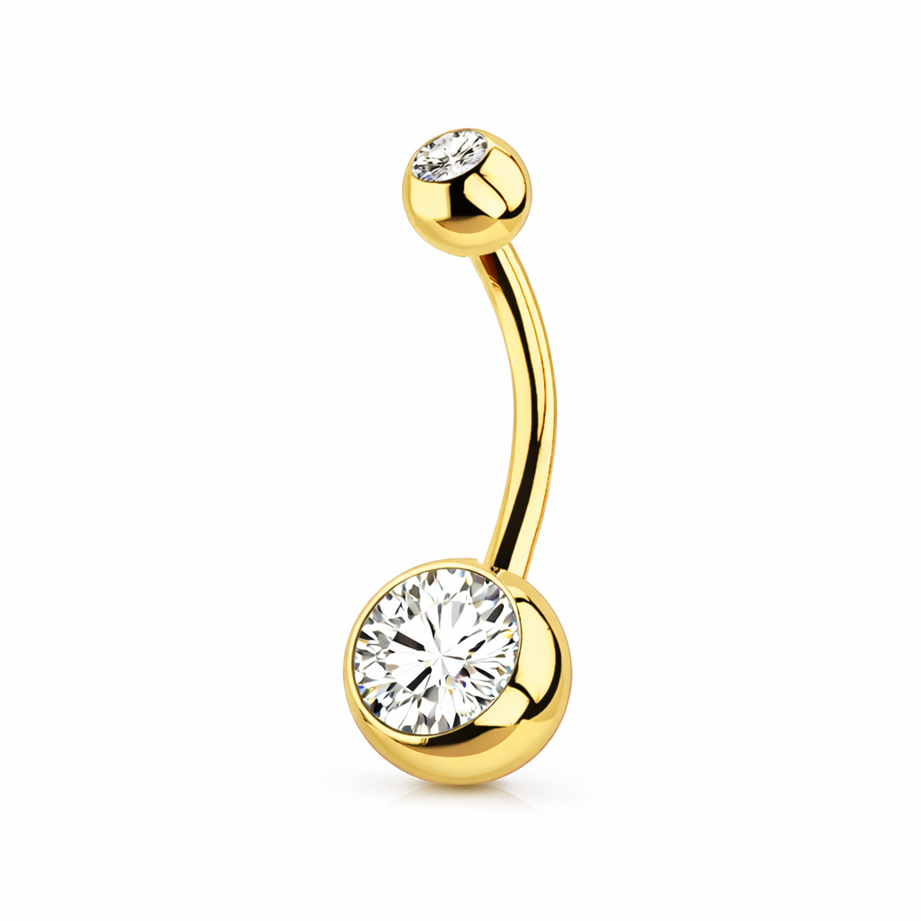 Tytanowy kolczyk do piercingu pępka banan z  białą cyrkonią - złoty