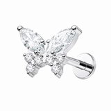 TYTANOWY LABRET MOTYL Z BIAŁYMI CYRKONIAMI  DO PIERCINGU UCHA -SREBRNY