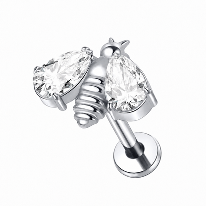 KOLCZYK DO PIERCINGU – TYTANOWY LABRET PSZCZÓŁKA Z BIAŁYMI CYRKONIAMI – SREBRNY