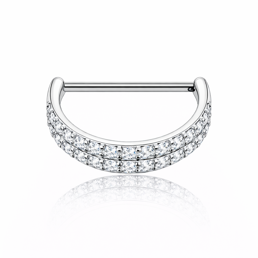 Tytanowy clicker do piercingu z podwójnym rzędem cyrkonii  srebrny