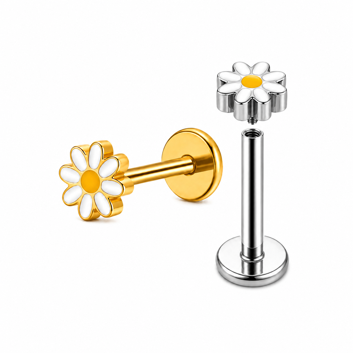 Tytanowy kolczyk labret z motywem stokrotki do piercingu – srebrny