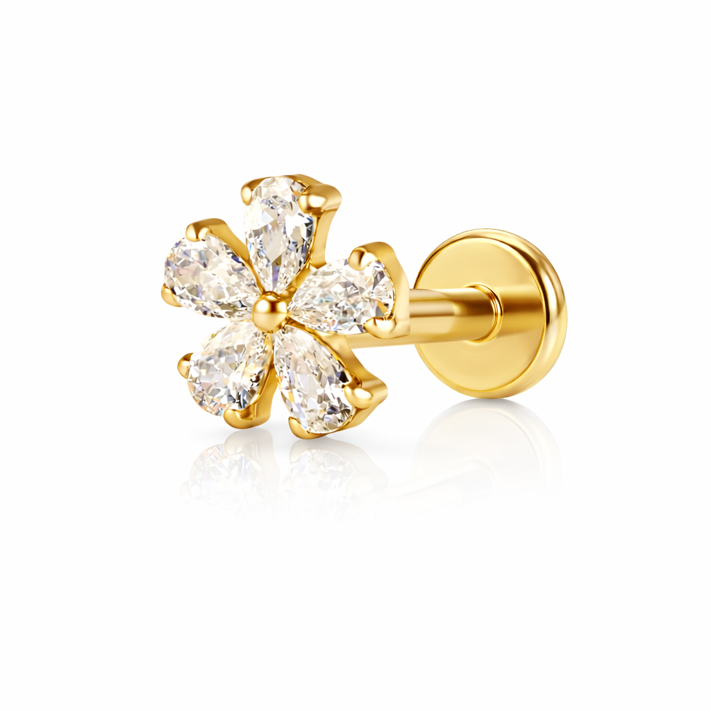 LABRET DO PIERCINGA UCHA -KWIAT Z CYRKONIAMI ZŁOTY