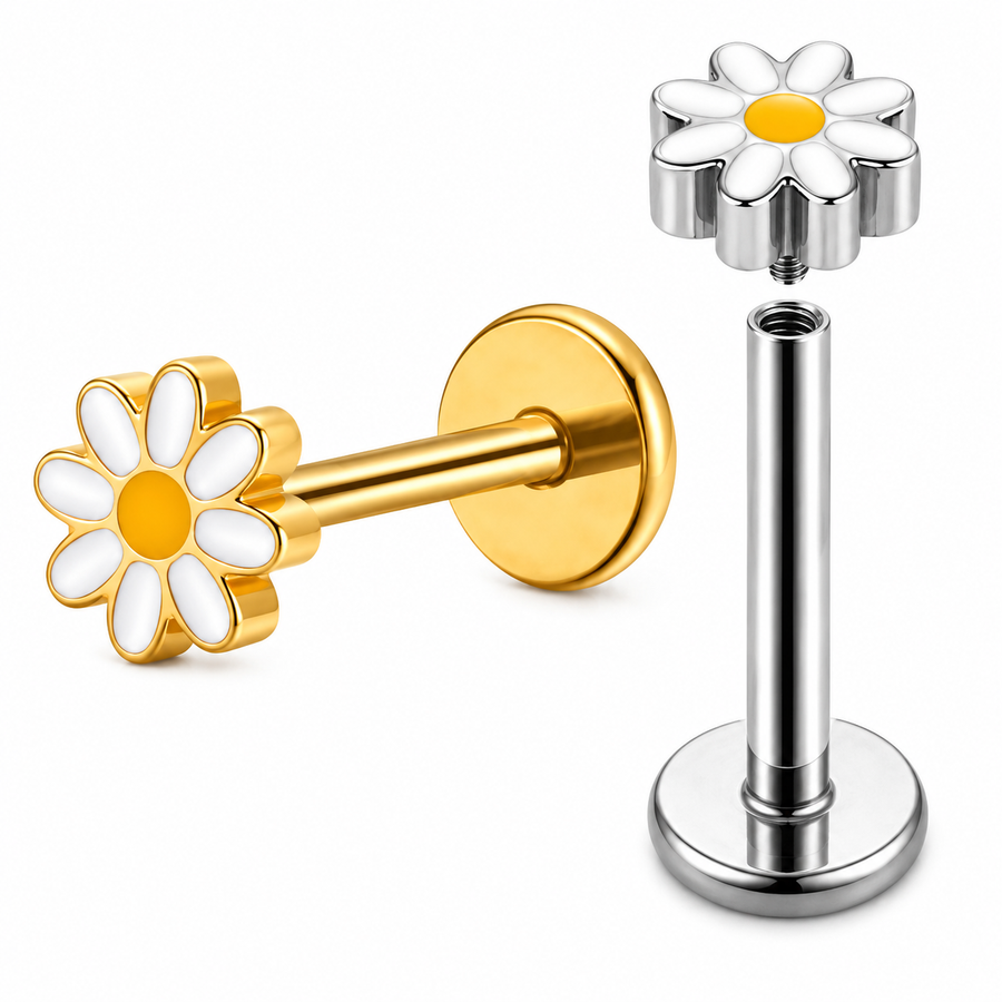 KOLCZYK DO PIERCINGU UCHA LABRET STOKROTKA Z CYRKONIĄ ,  SREBRNY