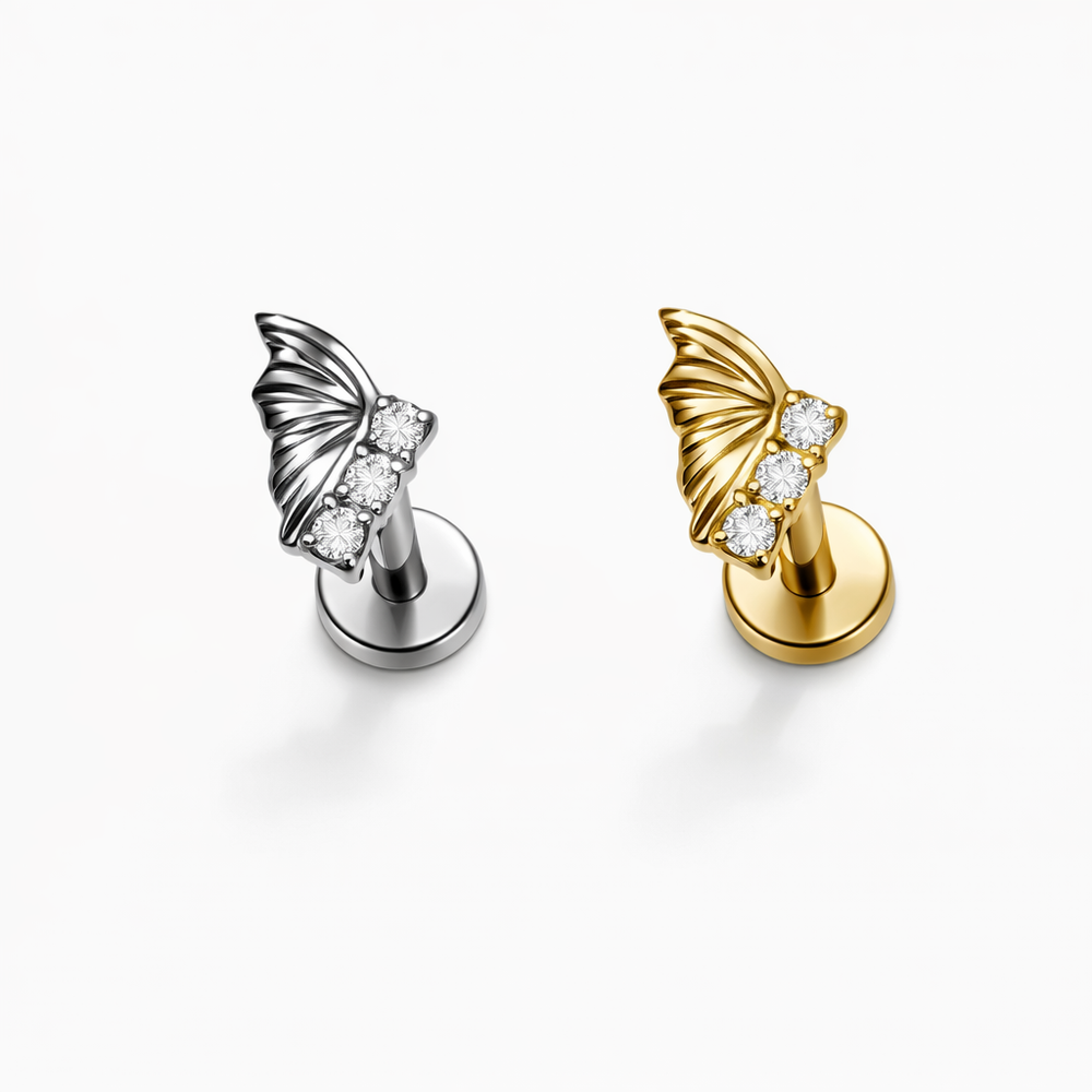 KOLCZYK LABRET DO PIERCINGU UCHA Z MOTYWEM SKRZYDŁA I CYRKONIAMI ZŁOTY