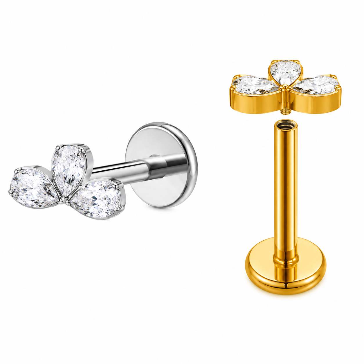 KOLCZYK DO PIERCINGU UCHA – LABRET Z TRZEMA BIAŁYMI CYRKONIAMI – SREBRNY