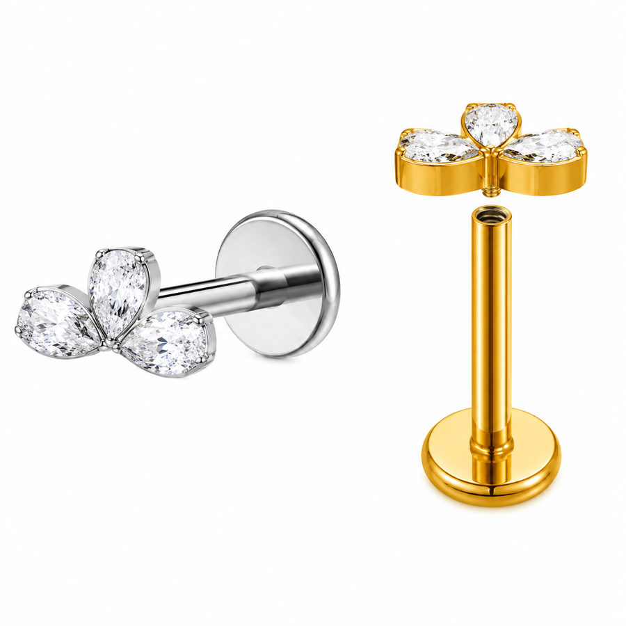 KOLCZYK DO PIERCINGU UCHA – LABRET Z TRZEMA BIAŁYMI CYRKONIAMI – ZŁOTY