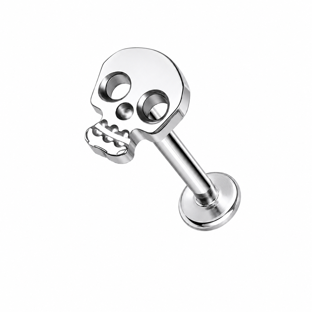 Tytanowy labret do piercingu ucha z motywem czaszki – srebrny