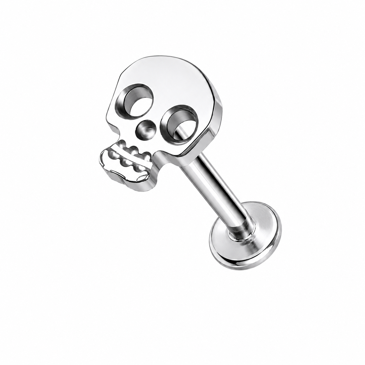 Tytanowy labret do piercingu ucha z motywem czaszki – srebrny