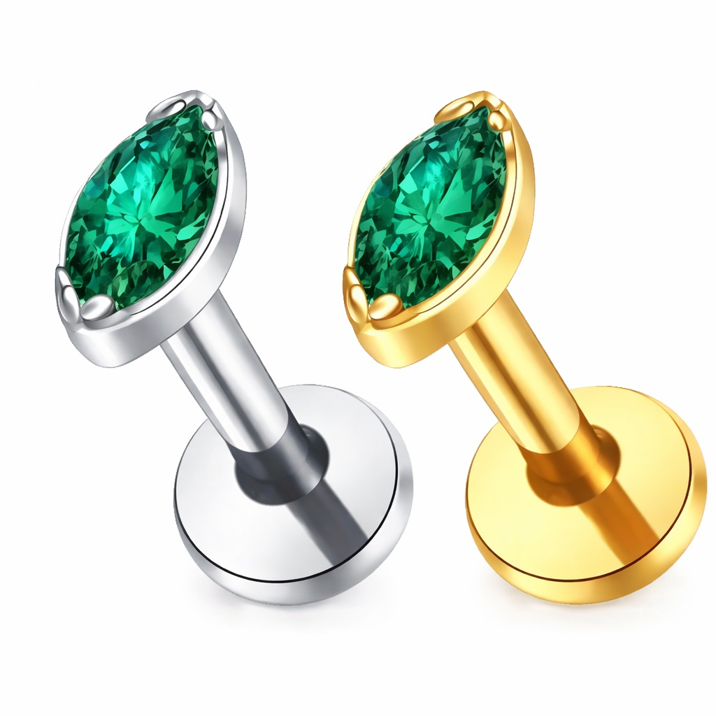 TYTANOWY LABRET Z CYRKONIĄ ZIELONĄ -KOLCZYK DO PIERCINGU ,ZŁOTY