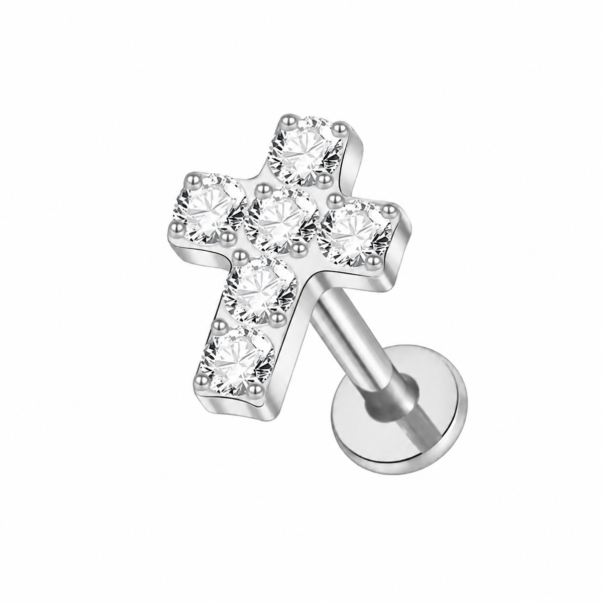Tytanowy labret krzyż z białymi cyrkoniami – kolczyk do piercingu -srebrny