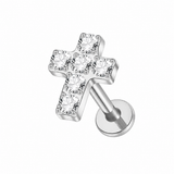 Tytanowy labret krzyż z białymi cyrkoniami – kolczyk do piercingu -srebrny