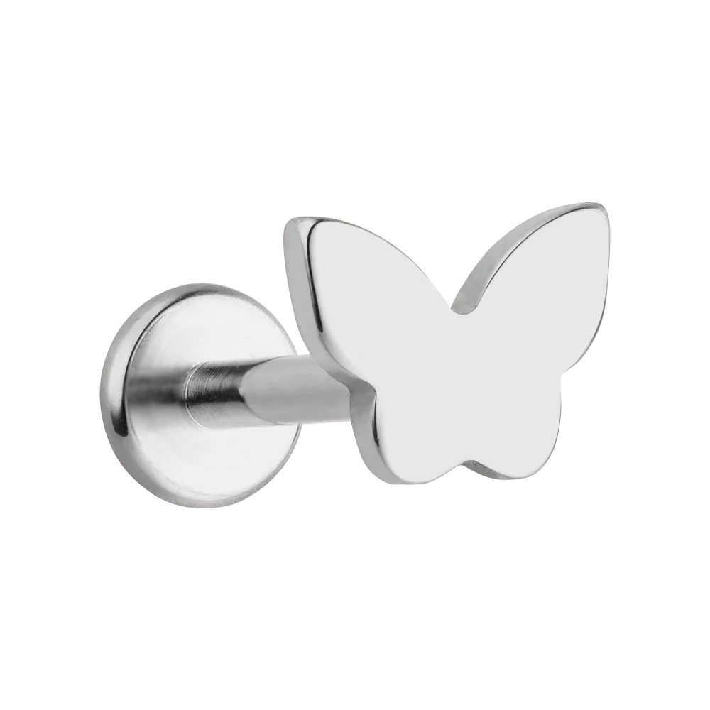 Tytanowy srebrny labret G23 z motylkiem – kolczyk do piercingu