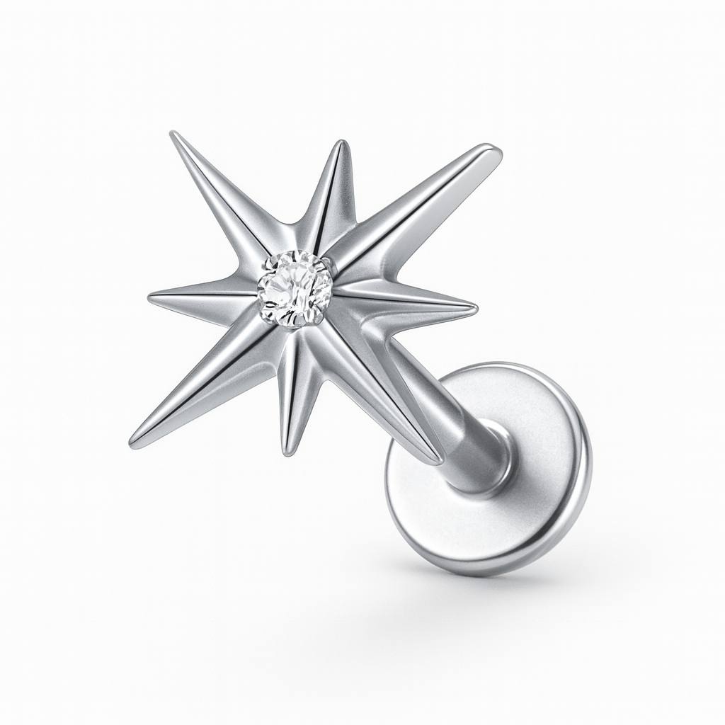 Tytanowy kolczyk gwiazda z cyrkonią – srebrny G23 kolczyk do piercingu