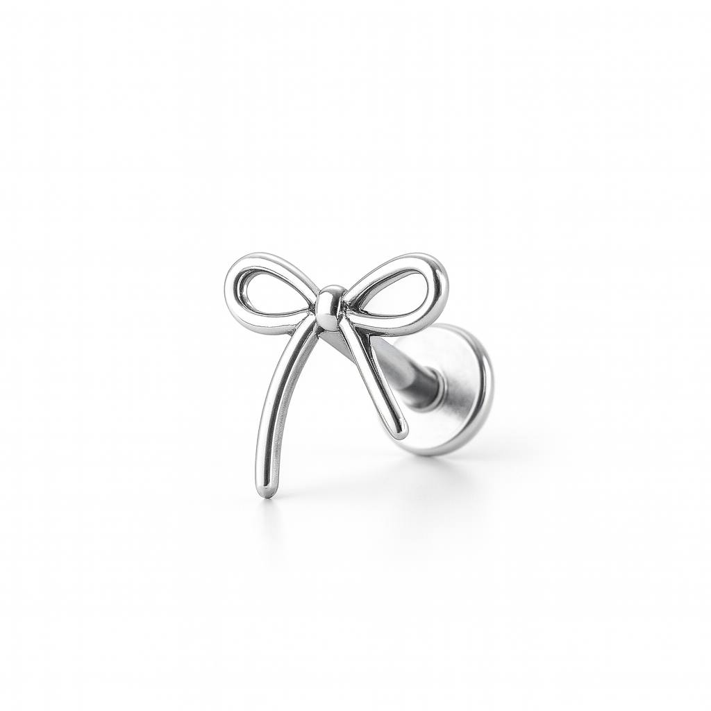 Tytanowy srebrny labret G23 z kokardką – kolczyk do piercingu