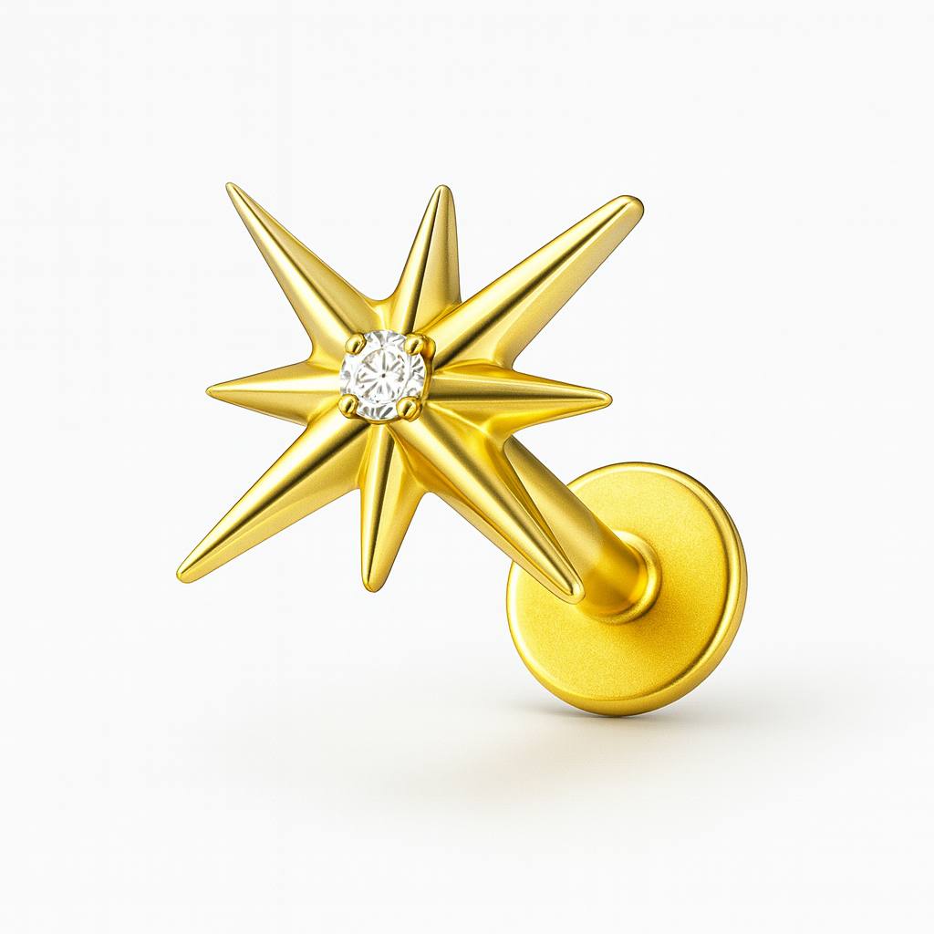 Tytanowy kolczyk gwiazda z cyrkonią – złoty G23 kolczyk do piercingu