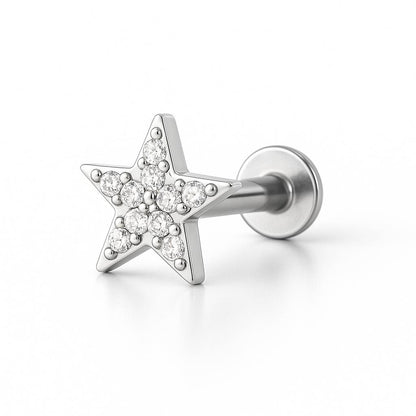 Tytanowy labret gwiazda z cyrkoniami – srebrny kolczyk do piercingu G23