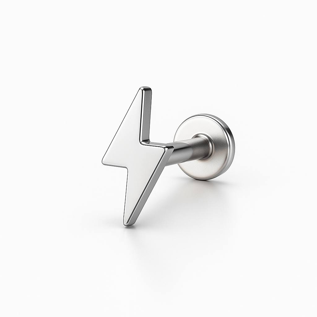 Tytanowy srebrny labret G23 z piorunem – kolczyk do piercingu