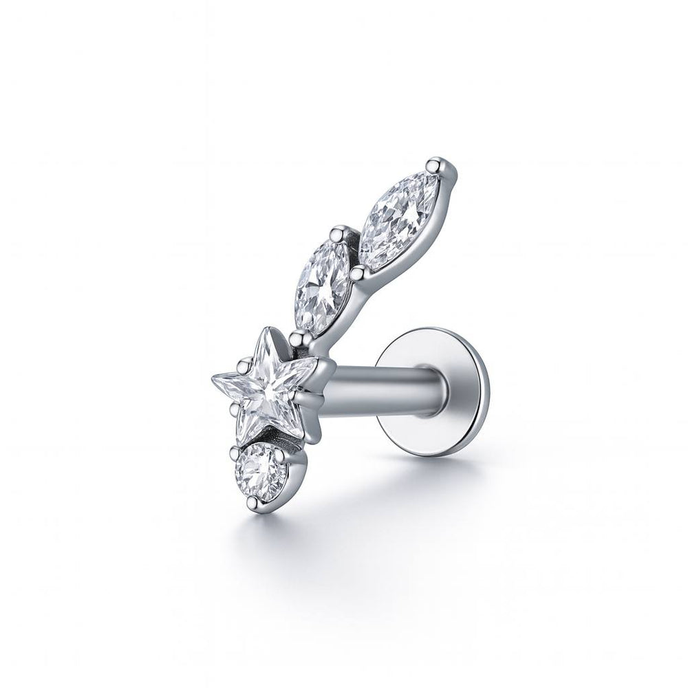 Tytanowy srebny  labret  z białymi cyrkoniami –  kolczyk do piercingu