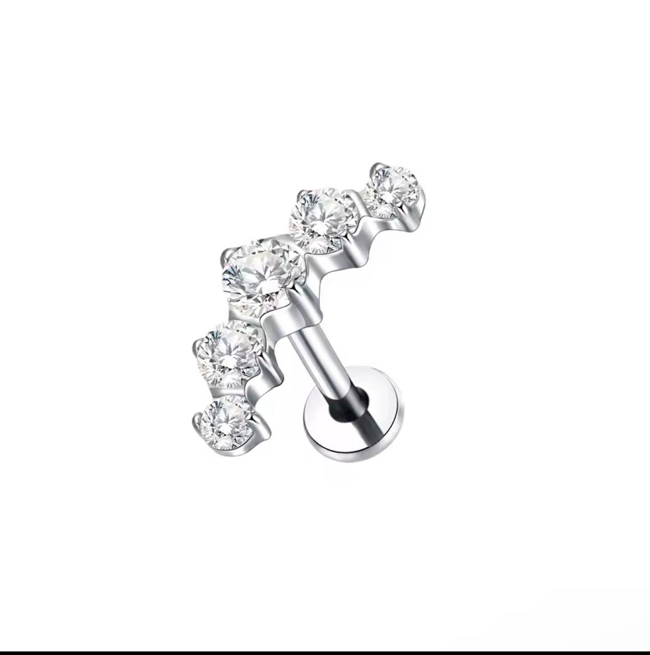 Tytanowy srebrny labret G23 z pięcioma białymi cyrkoniami – kolczyk do piercingu