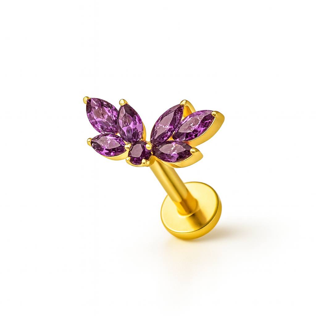 Tytanowy złoty labret G23 z fioletowymi cyrkoniami  – kolczyk do piercingu