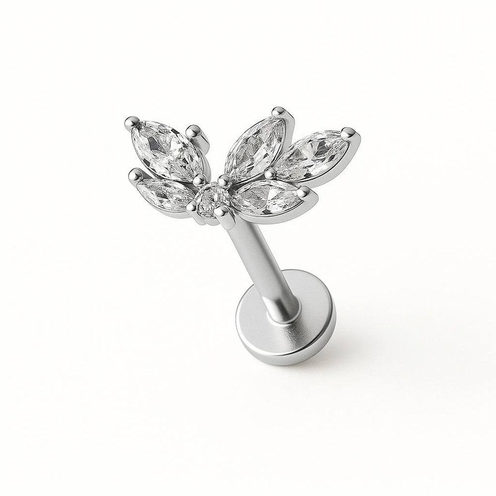 Tytanowy srebrny labret G23 z białymi cyrkoniami – kolczyk do piercingu