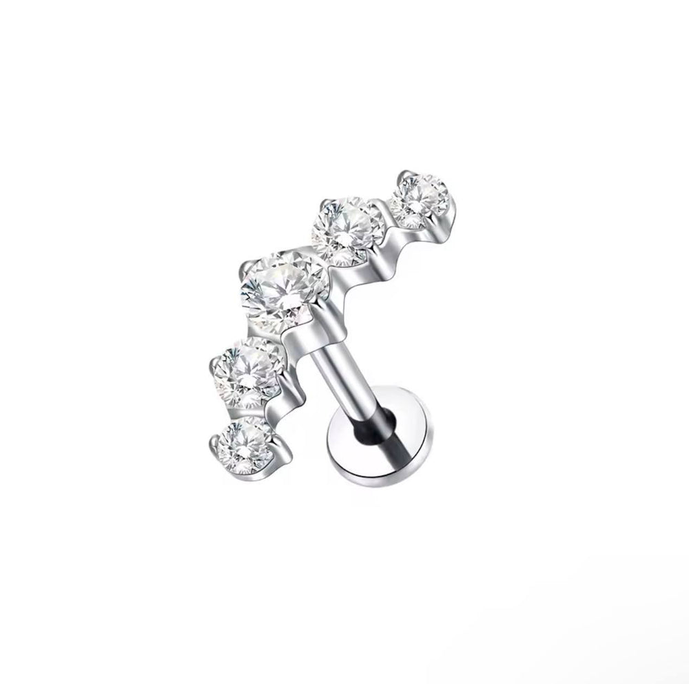 Tytanowy srebrny labret G23 z pięcioma białymi cyrkoniami – kolczyk do piercingu