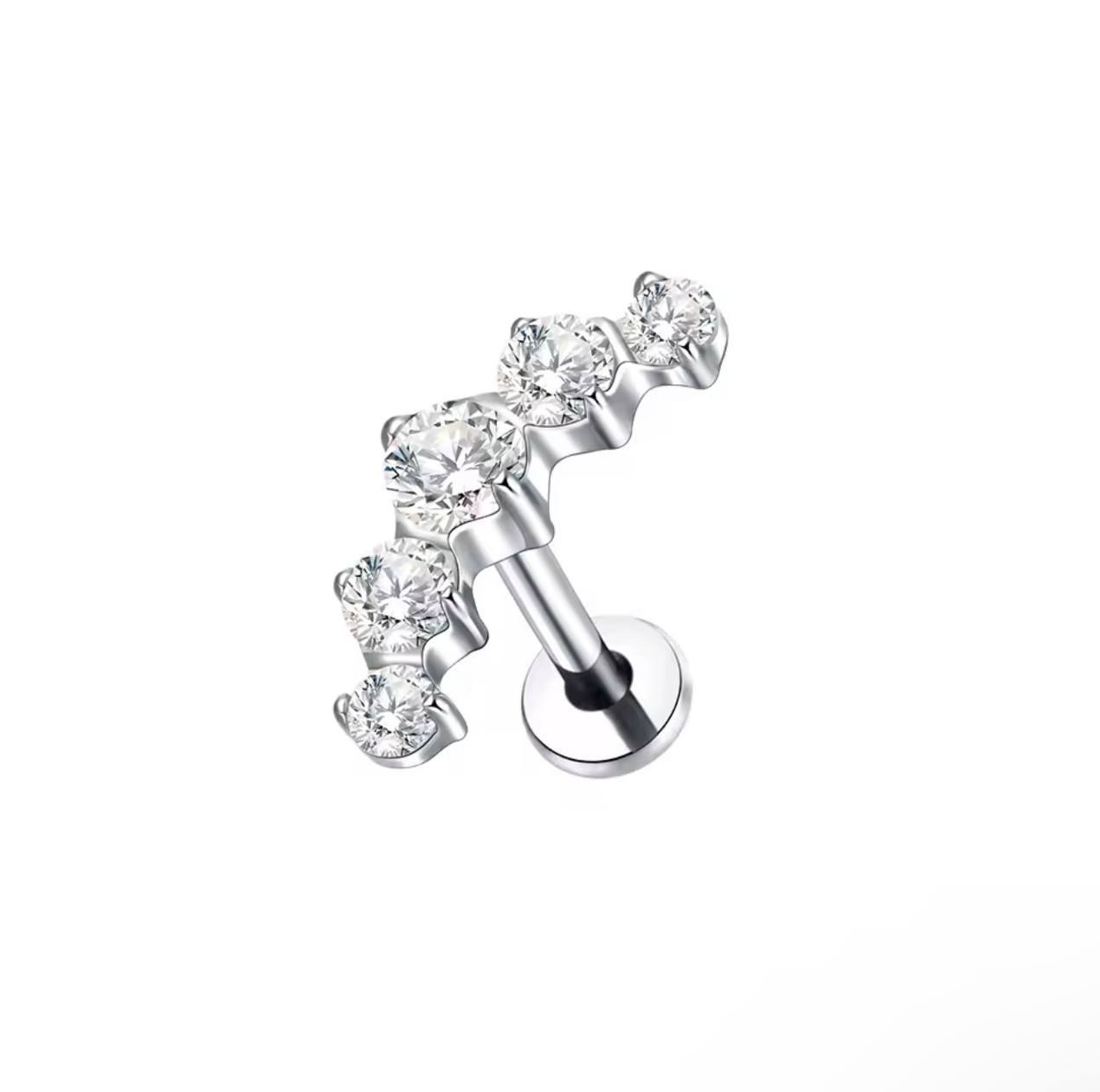 Tytanowy srebrny labret G23 z pięcioma białymi cyrkoniami – kolczyk do piercingu