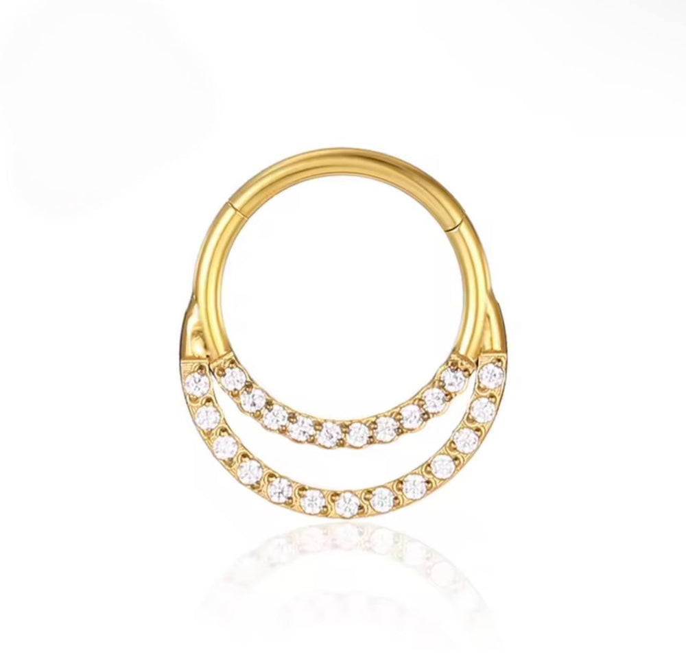 Clicker tytanowy złoty z podwójnym rzędem cyrkonii – kółko do piercingu ucha