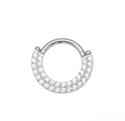 Tytanowy clicker srebny  podwójny  cyrkoniami – kolczyk do piercingu ucha