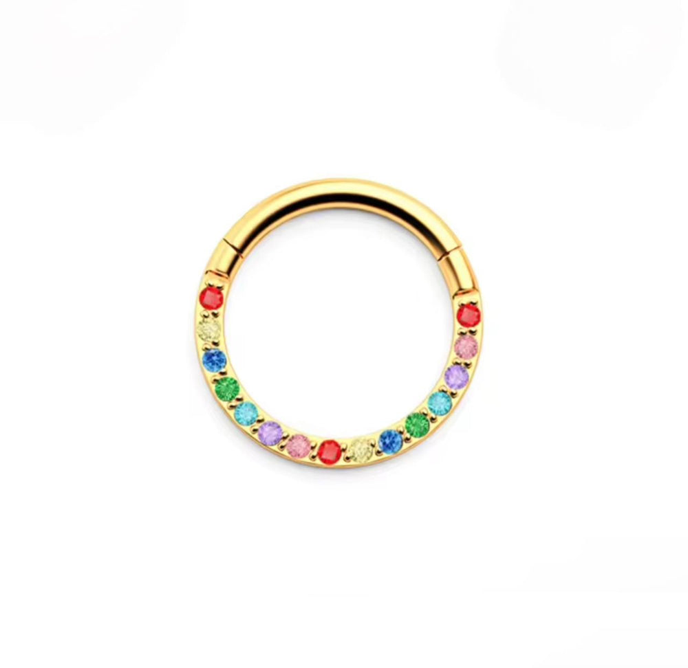 Kolczyk PIERCING Kółko CLICKER  z kolorowymi cyrkoniami  Daith Septum Tytan G23 Złoty