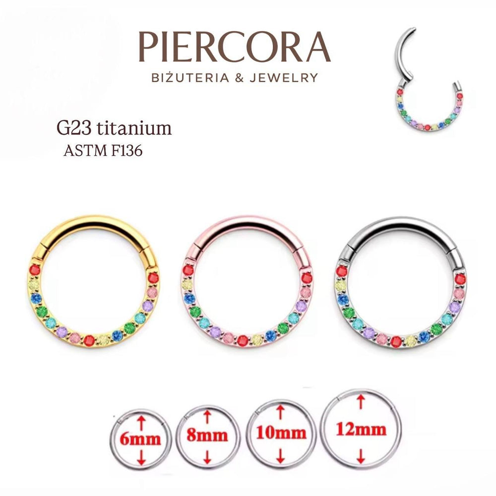Kolczyk PIERCING Kółko CLICKER  z kolorowymi cyrkoniami  Daith Septum Tytan G23 Złoty