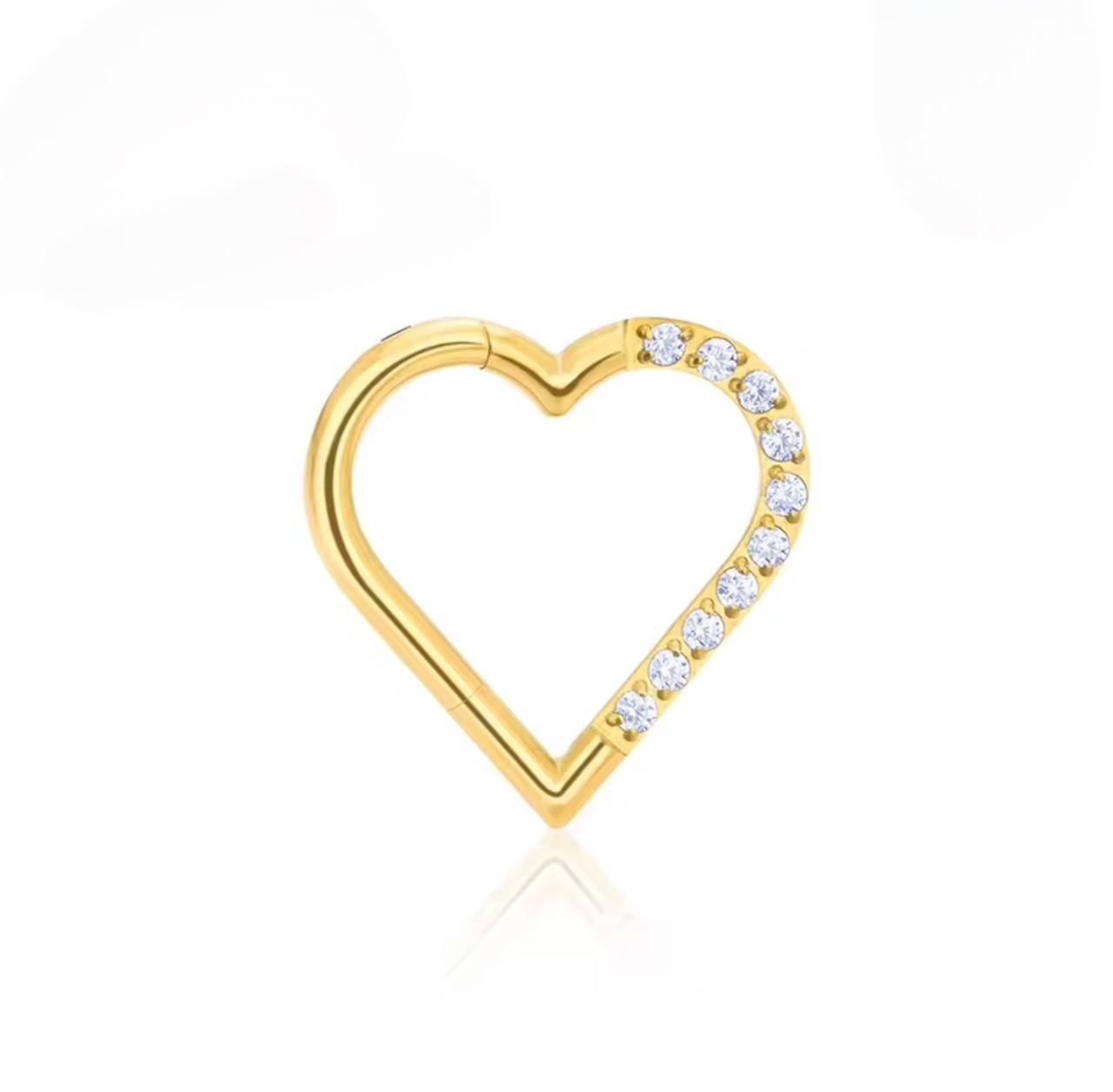 Tytanowy CLICKER  serce z cyrkoniami – kolczyk do piercingu lewego ucha złoty