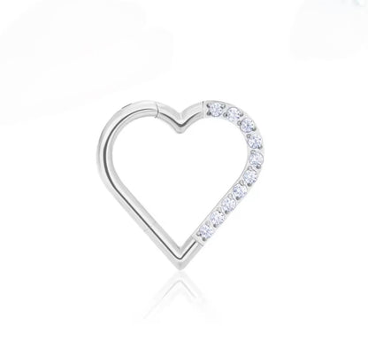 Tytanowy CLICKER  serce z cyrkoniami – kolczyk do piercingu lewego ucha Srebrny