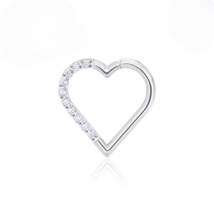 Tytanowy CLICKER serce z cyrkoniami – kolczyk do piercingu prawego ucha, srebrny