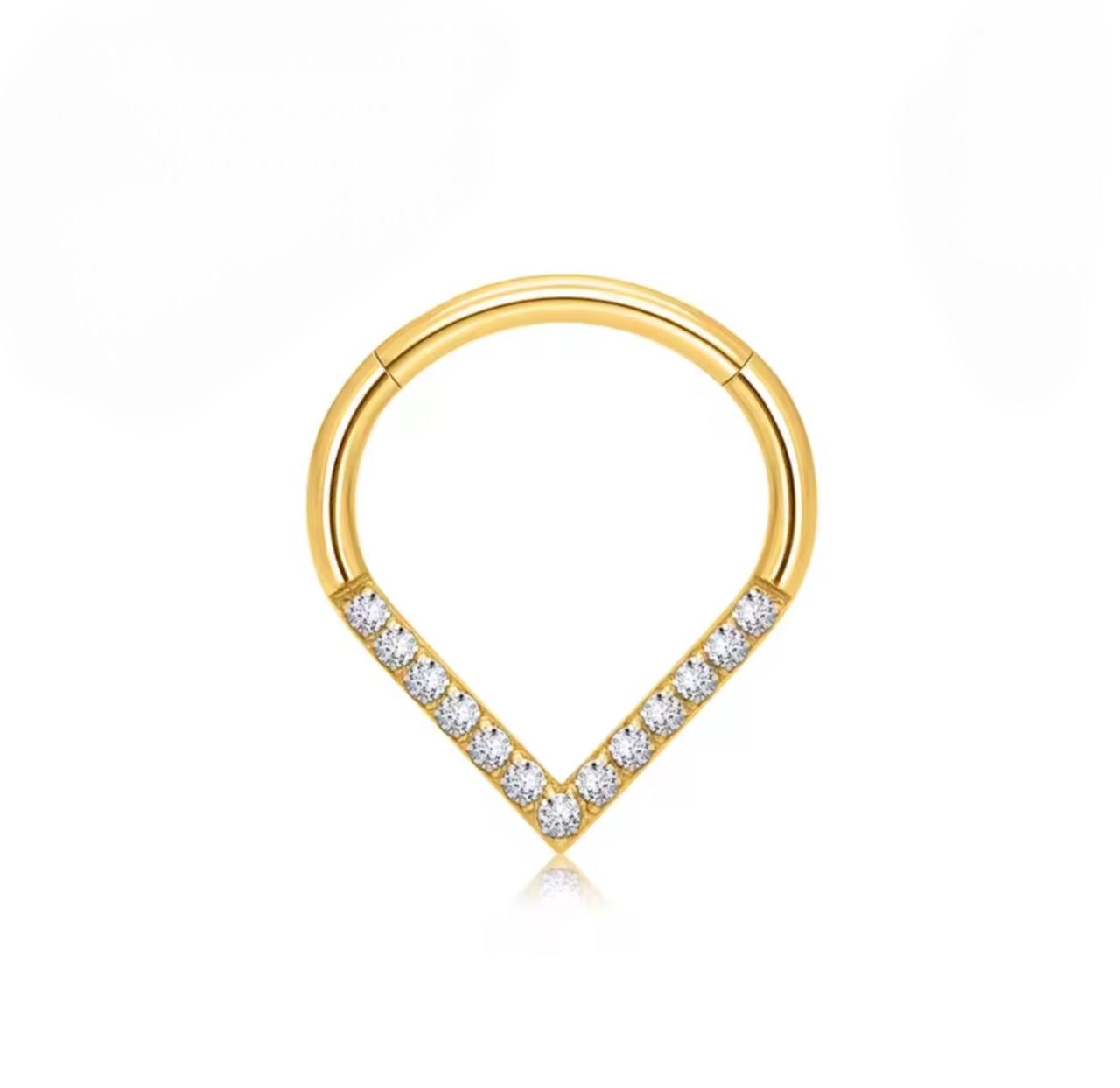 PIERCING Tytanowy CLICKER  łezka z białymi cyrkoniami – kolczyk Złoty