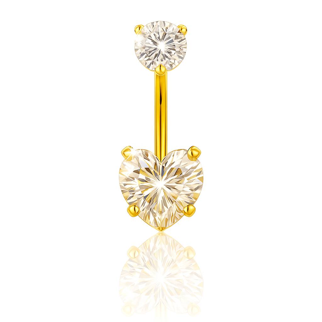 Tytanowy  kolczyk do pępka  z dwoma cyrkoniami SERCE  Złoty