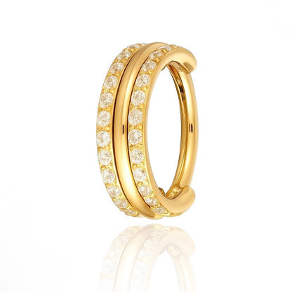 Tytanowy kolczyk clicker   z podwójnym rzędem cyrkonii – kółko do piercingu ucha Złoty