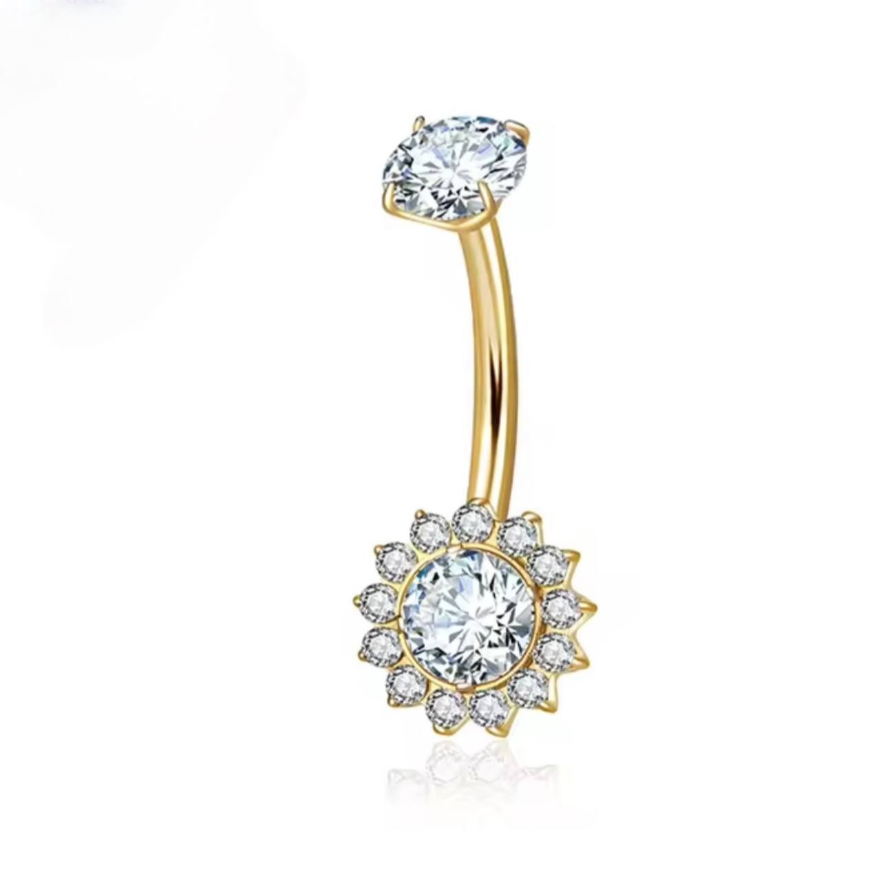 Tytanowy złoty kolczyk do pępka w kształcie kwiatka z cyrkoniami