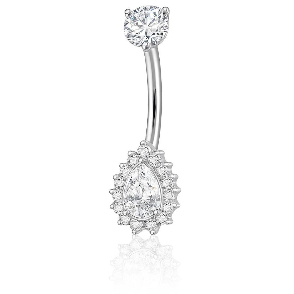 Tytanowy srebrny kolczyk do pępka z białymi cyrkoniami w kształcie kropli